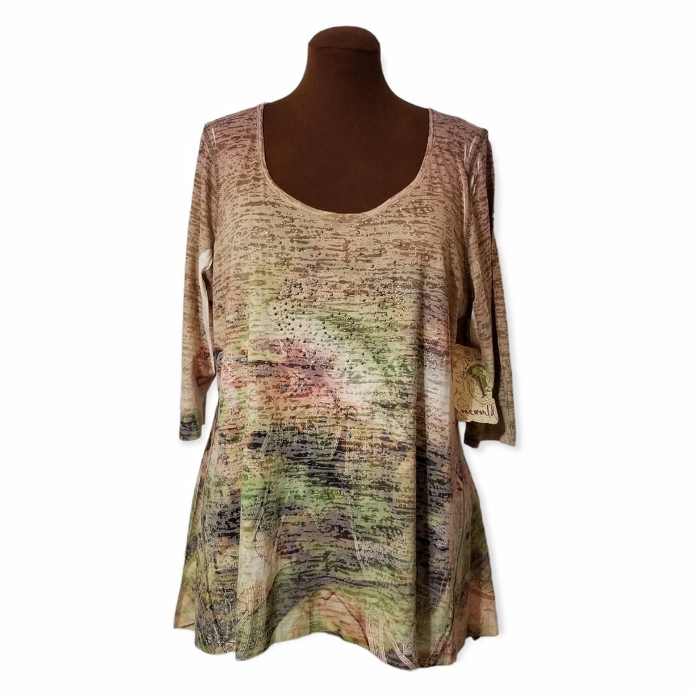 NWT One World Boho Abstract Print Tunic Top | Size 1X | Embellished